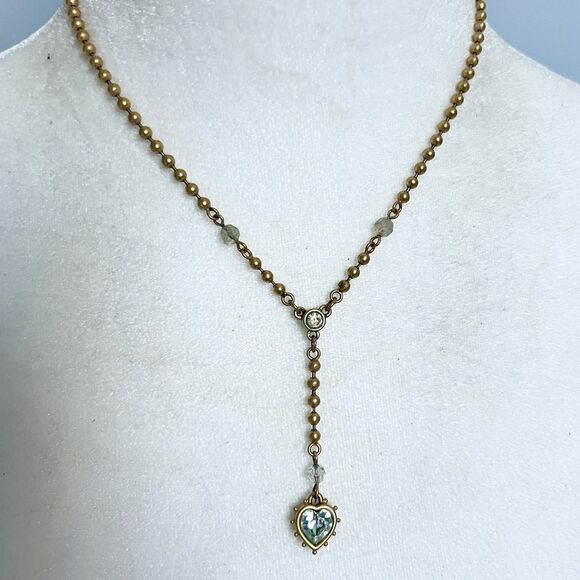 Gold tone beaded sparkle heart pendant necklace - Picture 1 of 6